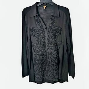Reba XL Y2K Cowgirl Lace Accent Design Partial Stretch Button Down Top Country
